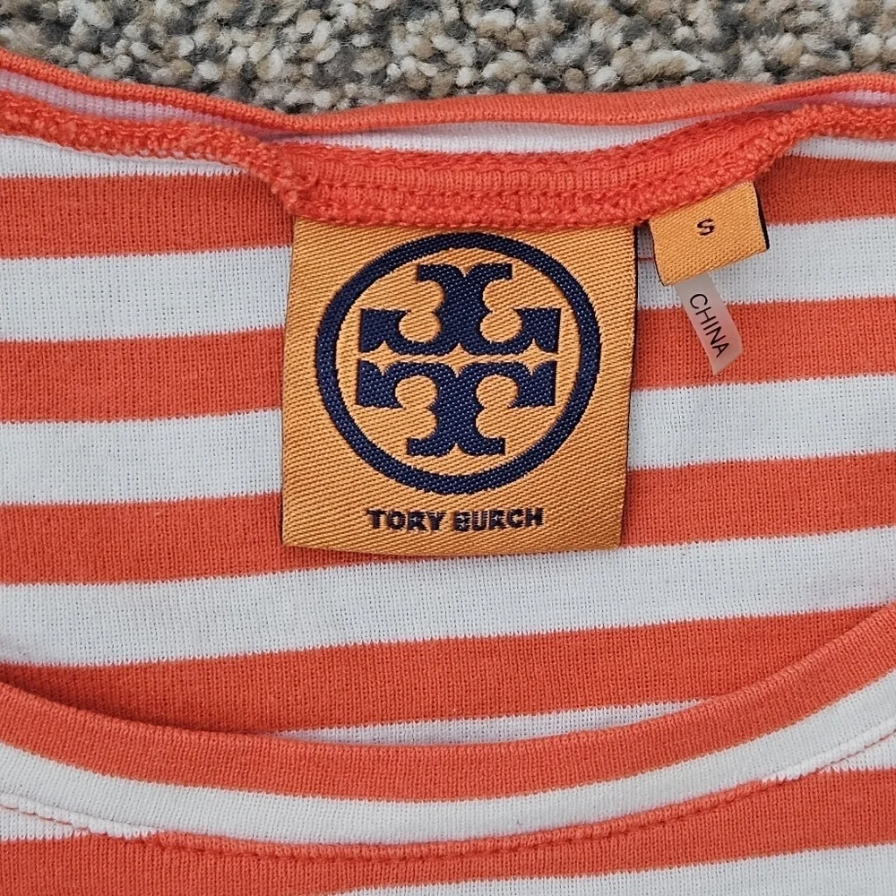 Tory Burch Multi Color Striped Long Sleeve Tee Shirt Peach White Navy Blue Small